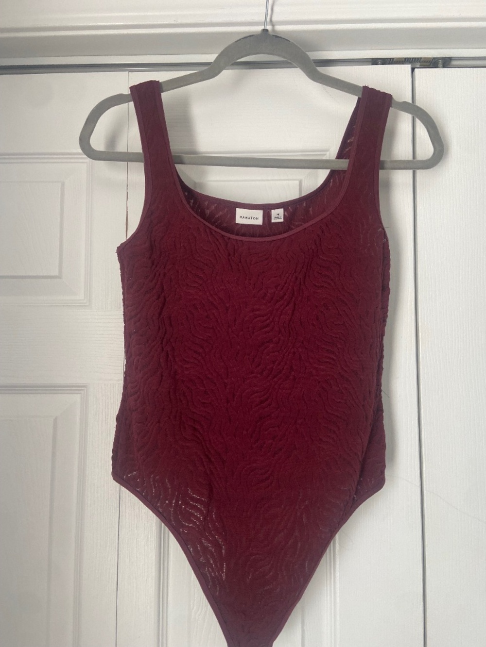 Aritzia Burgundy Bodysuit, Semi-Sheer Print